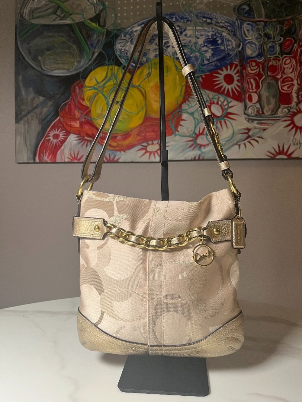 Coach Signature Gold Jacquard Hobo Shoulder Bag F18821